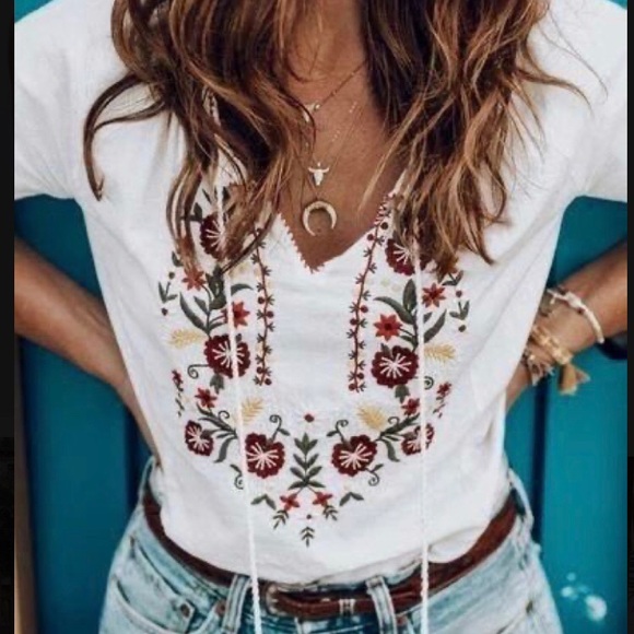 Tops - Cream Embroidered Tassel Tie Blouse